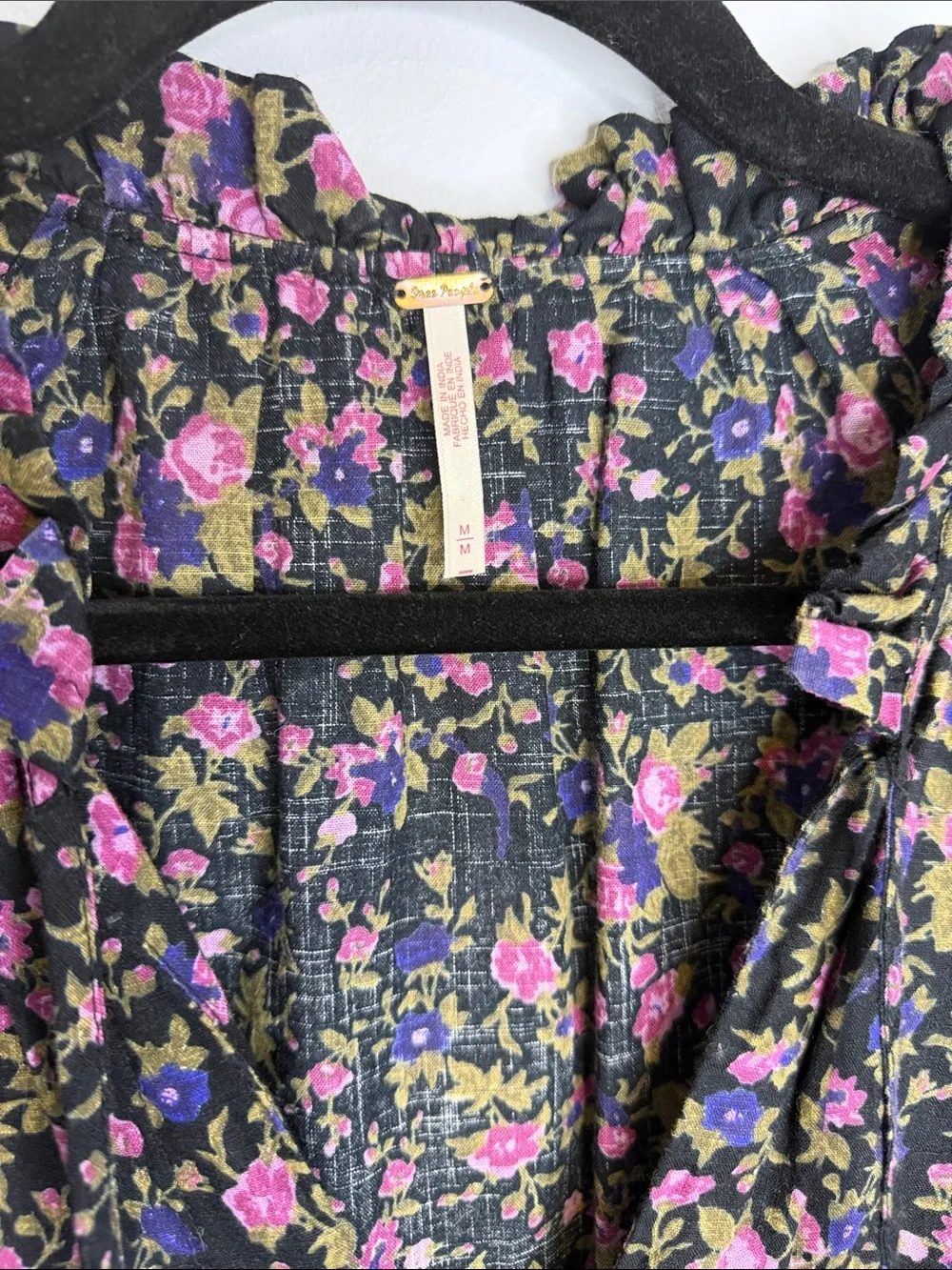 Free People Floral Ruffle Neck Long-Sleeve Blouse - Black with Purple Floral